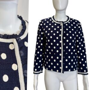 J. Crew Navy Polka Dot Boucle Ruffle Trim Blazer Womens Size 2 Cropped Jacket